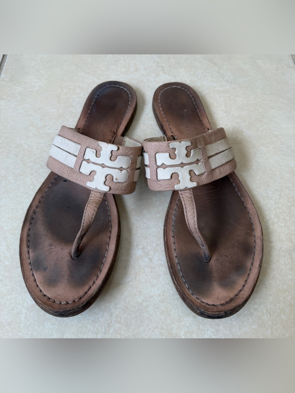 Tory Burch Leigh Flip Flop Sandal Tan Leather Women's Size 8.5 M